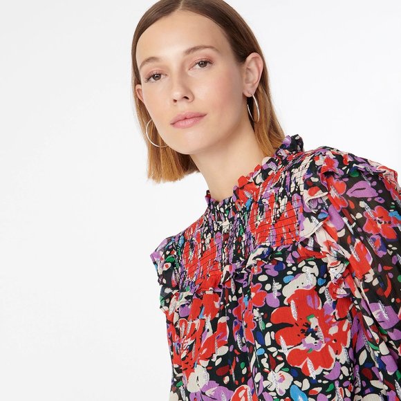 J.Crew Smocked metallic popover blouse top in Lurex dot floral AU241 XS 0 2 - Picture 2 of 16